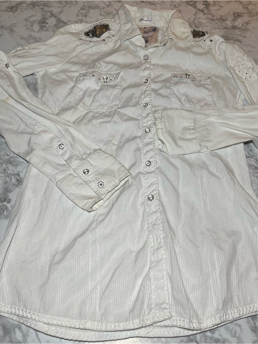Y2K Roar White Button-Down Shirt with Embellished Shoulders